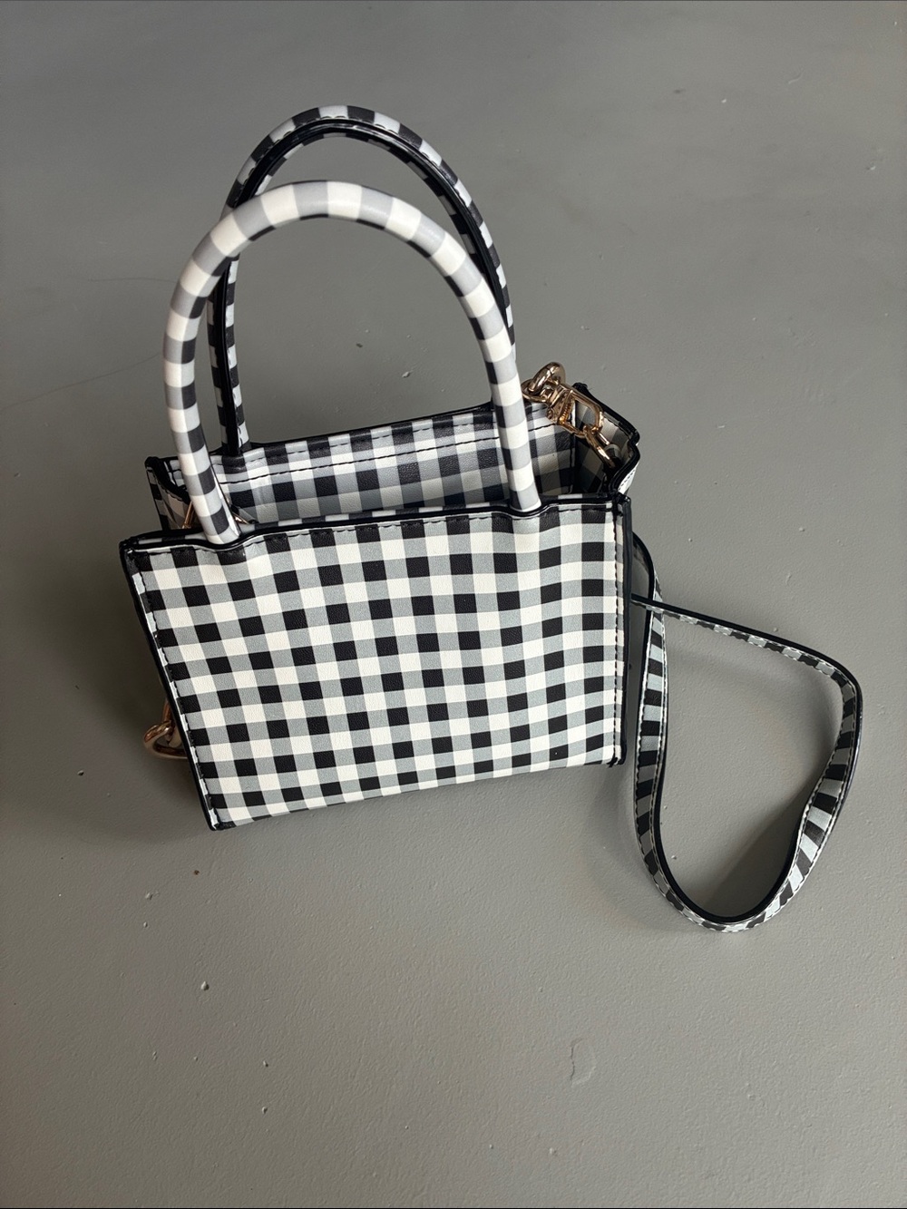 Black & White Gingham Mini Crossbody Tote Bag W 7” - H 10”